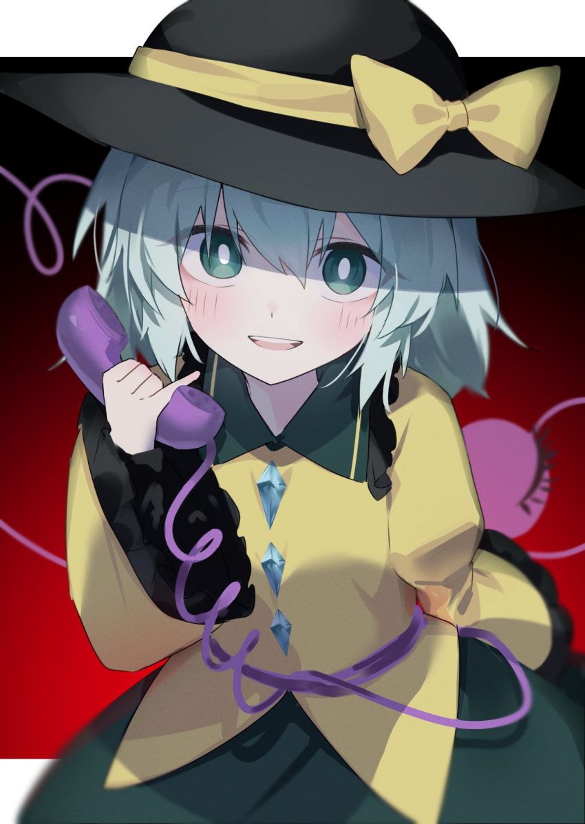 1girl black_headwear bow bright_pupils gradient_background green_eyes green_hair green_skirt hat hat_bow highres holding holding_phone komeiji_koishi looking_at_viewer medium_hair phone red_background shirt skirt solo suikario third_eye touhou upper_body white_pupils yellow_bow yellow_shirt