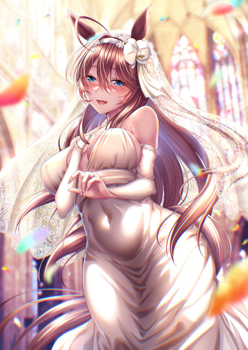 1girl :d animal_ears bare_shoulders blue_eyes blurry blurry_background blush breasts bridal_veil bride brown_hair church covered_navel cowboy_shot depth_of_field dress elbow_gloves fingerless_gloves flower gloves hair_between_eyes hair_flower hair_ornament hand_on_own_chest happy highres horse_ears horse_girl indoors jewelry large_breasts long_hair looking_at_viewer mihono_bourbon_(umamusume) nose_blush open_mouth petals rairaisuruyo ring sleeveless sleeveless_dress smile solo standing umamusume veil wedding_dress wedding_ring white_dress white_gloves