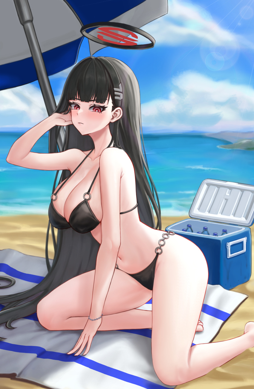 1girl absurdres beach beach_towel beach_umbrella bikini black_bikini black_hair blue_archive blue_sky blunt_bangs bracelet breasts bright_pupils cloud cooler day foot_out_of_frame halo highres ilbanseomin jewelry large_breasts lens_flare looking_at_viewer navel ocean outdoors red_eyes rio_(blue_archive) sky solo stomach strap_gap swimsuit thighs towel umbrella