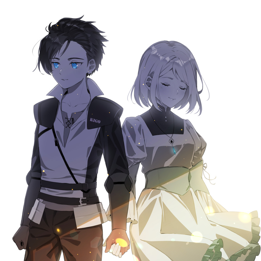 1boy 1girl absurdres artist_name black_hair blue_eyes bob_cut breasts clenched_hand clive_rosfield closed_eyes cowboy_shot dress edogawa_kigoro final_fantasy final_fantasy_xvi frilled_dress frills gloves grey_hair highres holding_hands jewelry jill_warrick juliet_sleeves long_dress long_sleeves necklace puffy_sleeves red_gloves short_hair small_breasts smile swept_bangs white_background