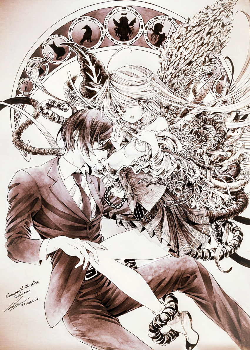 1boy 1girl ahoge angel angel_wings aya_carmine belt bird body_horror bone braid breasts cat cigarette clothes_down collared_shirt crow expressionless feathered_wings flower_wings formal greyscale halo highres hitomi_hirosuke_(sayonara_wo_oshiete) leaf_wings long_hair millipen_(medium) mismatched_wings monochrome necktie open_clothes open_mouth open_shirt plant_wings pleated_skirt sayonara_wo_oshiete severed_head shirt shoes side_braids simple_background skirt small_breasts smile snake socks sugamo_mutsuki suit tendril tentacles traditional_media underbust uwabaki very_long_hair vest wings
