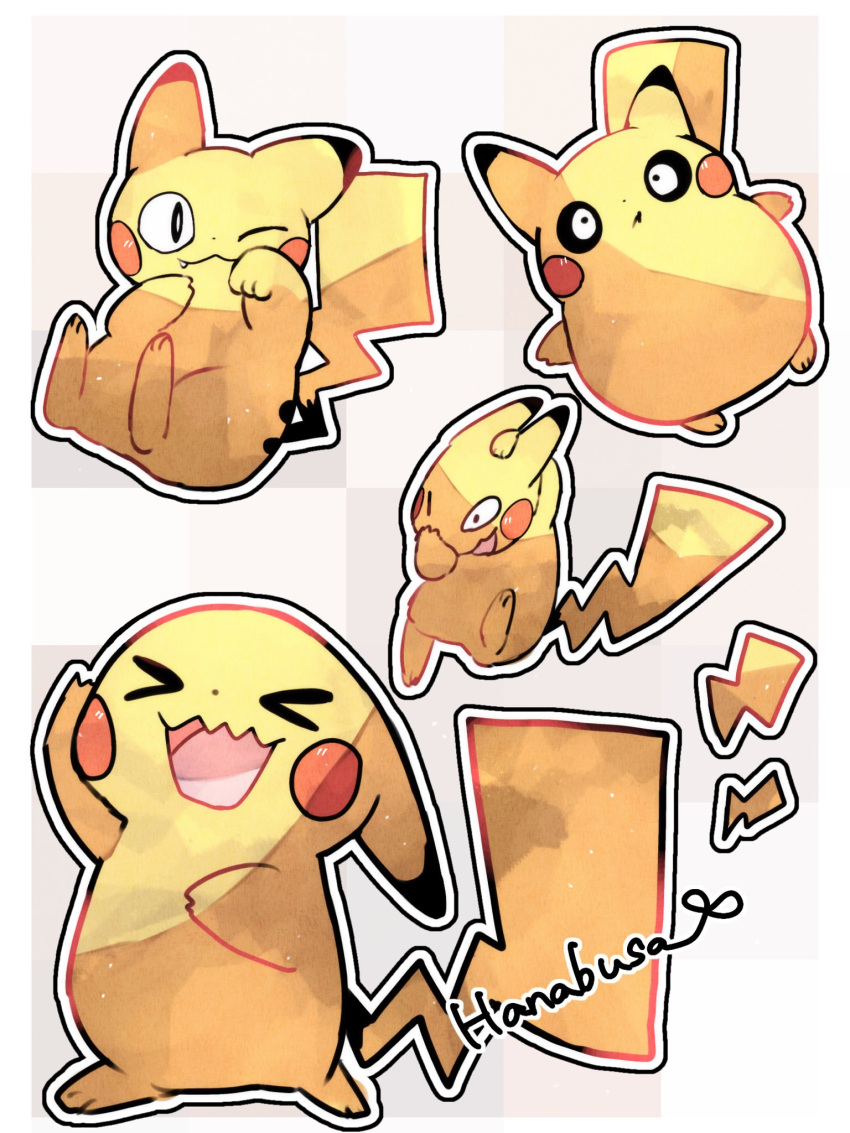 &gt;_&lt; :3 :d animal_focus artist_name colored_skin commentary_request dot_nose fangs hanabusaoekaki highres making_faces no_humans pikachu pokemon pokemon_(creature) slit_pupils smile tail white_background xd yellow_skin