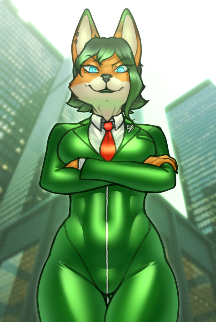 2023 absurd_res anthro big_breasts blue_eyes bodysuit breasts buffbumblebee building business_suit canid canine city city_background clothed clothing crossed_arms dipstick_ears female fox fur green_bodysuit green_clothing green_hair green_latex green_suit hair hi_res latex looking_at_viewer low-angle_view mammal multicolored_body multicolored_ears multicolored_fur necktie orange_body orange_fur red_necktie rubber rubber_clothing rubber_suit skinsuit skyscraper solo standing story story_in_description suit thigh_gap tight_clothing white_body white_fur zipper zyla_garthori_(zylo_garoh)