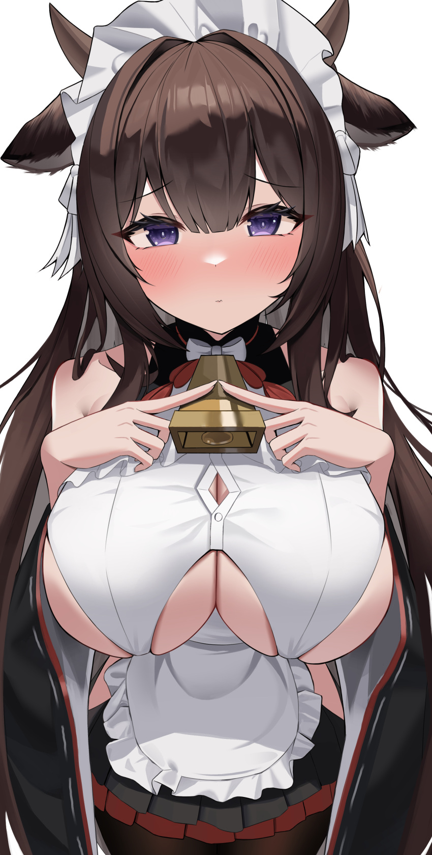 1girl absurdres animal_ears apron azur_lane bare_shoulders bell black_pantyhose blush breasts brown_hair button_gap cleavage closed_mouth clothing_cutout cow_ears cow_girl cow_horns cowbell frilled_apron frills highres horns index_finger_raised index_fingers_together kashino_(azur_lane) kashino_(maid_for_mayhem)_(azur_lane) large_breasts long_hair looking_at_viewer maid_headdress neck_bell official_alternate_costume pantyhose purple_eyes simple_background skindentation straight-on underboob underboob_cutout wavy_mouth white_apron white_background wynnblue