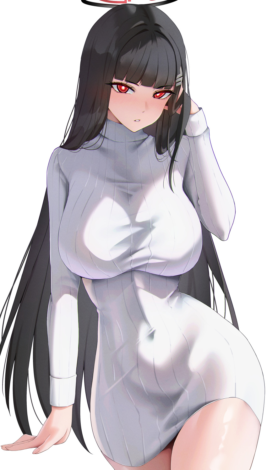 1girl absurdres black_hair blue_archive breasts bright_pupils cowboy_shot hair_ornament hairpin halo highres katagirinanoka large_breasts long_hair long_sleeves open_mouth red_eyes ribbed_sweater rio_(blue_archive) simple_background solo sweater white_background white_pupils white_sweater
