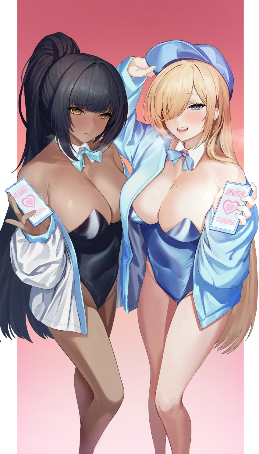 2girls absurdres asuna_(blue_archive) baseball_cap black_hair blue_archive blue_bow blue_bowtie blue_leotard blush bow bowtie breasts cleavage detached_collar hair_over_one_eye hat highres jacket karin_(blue_archive) large_breasts leotard light_brown_hair long_hair mole multiple_girls op open_clothes open_jacket shio05_(05_sio) smile standing yellow_eyes