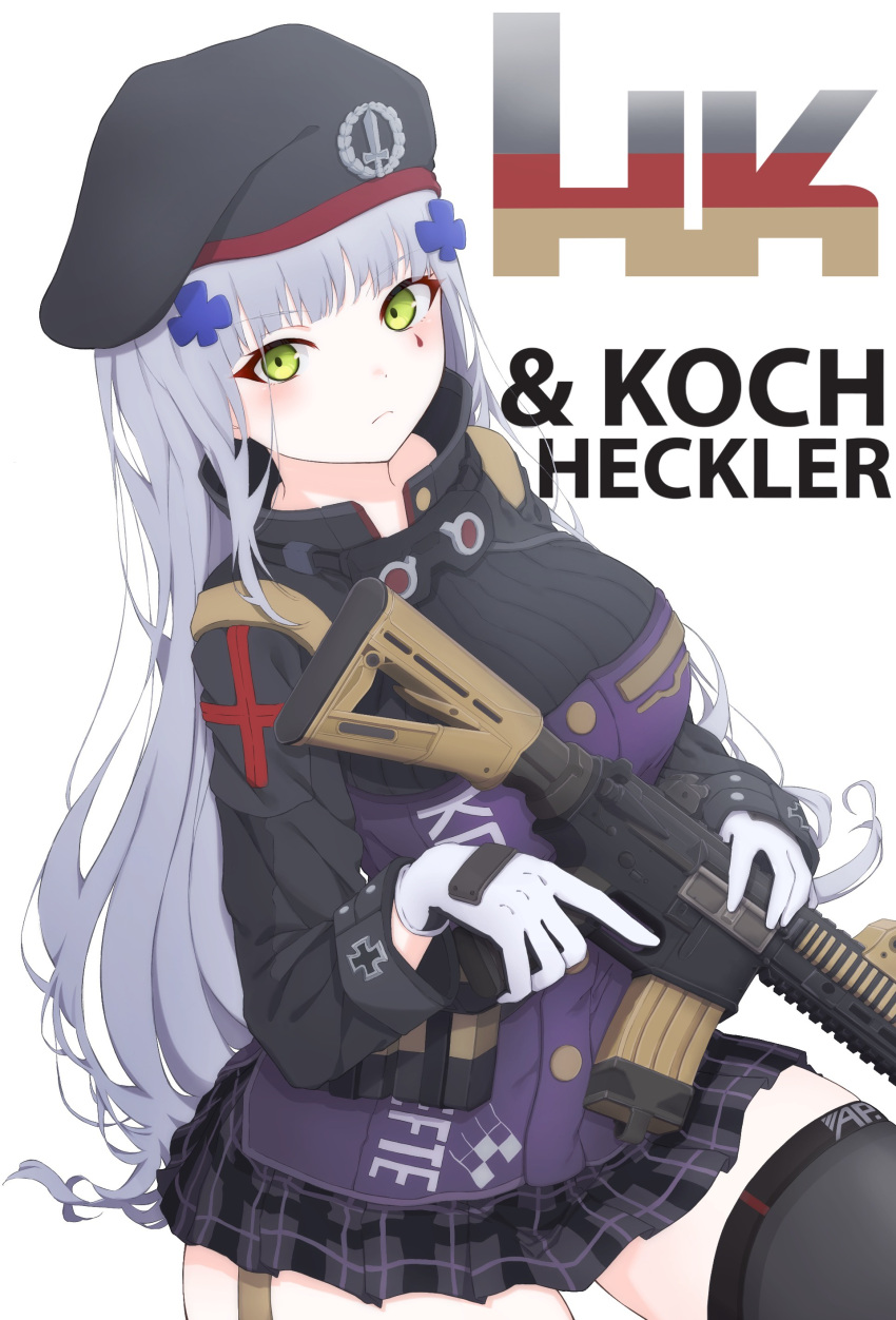 1girl absurdres assault_rifle beret black_headwear black_thighhighs blunt_bangs breasts facial_mark german_flag girls'_frontline gloves green_eyes grey_hair grey_skirt gun h&amp;k_g11 h&amp;k_hk416 hat heckler_&amp;_koch highres hk416_(girls'_frontline) jacket large_breasts long_hair long_sleeves looking_at_viewer miniskirt plaid plaid_skirt rifle skirt solo teardrop teardrop_facial_mark teardrop_tattoo thighhighs uchikata_takeaki very_long_hair weapon white_gloves