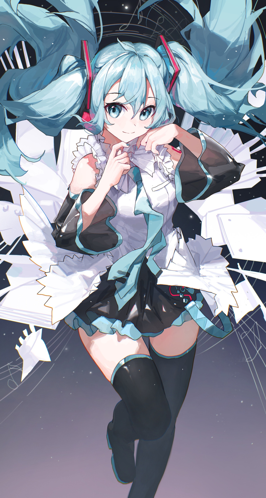 1girl absurdres aqua_eyes aqua_hair aqua_nails aqua_necktie black_skirt black_thighhighs boots breasts closed_mouth commentary detached_sleeves floating_hair hair_between_eyes hands_up hatsune_miku highres long_hair looking_at_viewer medium_breasts miniskirt musical_note necktie pleated_skirt sentter shirt skirt sleeveless sleeveless_shirt smile solo thigh_boots thighhighs twintails vocaloid white_shirt