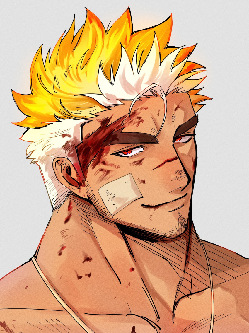 1boy bandaid bandaid_on_cheek bandaid_on_face bara beard_stubble blood blood_on_face bruise collarbone dark-skinned_male dark_skin doku_(hitori_ox) highres huge_eyebrows injury looking_at_viewer male_focus multicolored_hair nude orange_hair portrait short_hair sideburns smug solo thick_eyebrows tokyo_afterschool_summoners ulaanbaatar_(housamo) undercut