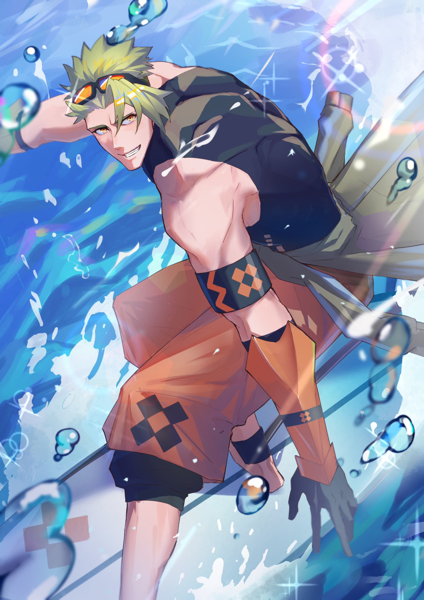 1boy achilles_(fate) ankleband armband barefoot black_shirt clothes_around_waist fate/grand_order fate_(series) gauntlets goggles goggles_on_head green_hair grin haruakira highres jacket jacket_around_waist looking_at_viewer male_focus muscular muscular_male orange_eyes orange_pants pants shirt sleeveless sleeveless_shirt smile solo summer surfing water_drop waves