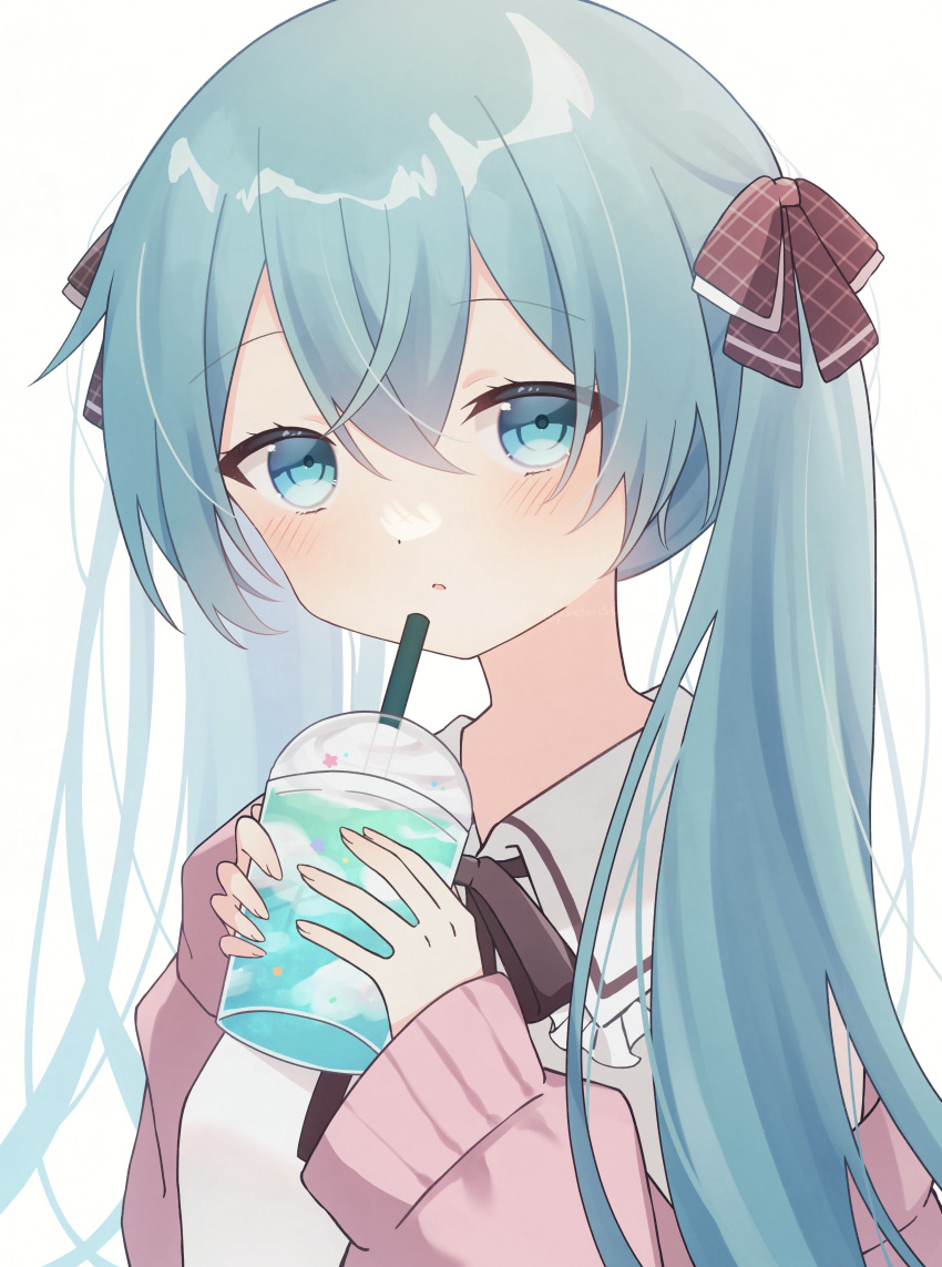 1girl absurdres blue_eyes blue_hair blush cardigan collared_shirt cup disposable_cup drink drinking_straw frilled_shirt_collar frills hair_ribbon hatsune_miku highres holding holding_cup holding_drink long_hair long_sleeves looking_at_viewer neck_ribbon parted_lips ribbon shirt solo star_(symbol) twintails upper_body vocaloid yomiya_yumeha