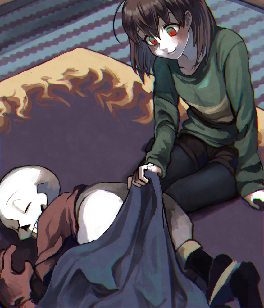 1boy 1other androgynous armor blush chara_(undertale) closed_mouth full_body highres hollow_mouth long_sleeves medium_hair pantyhose papyrus_(undertale) scarf shirt shorts shousan_(hno3syo) skeleton smile striped teeth undertale