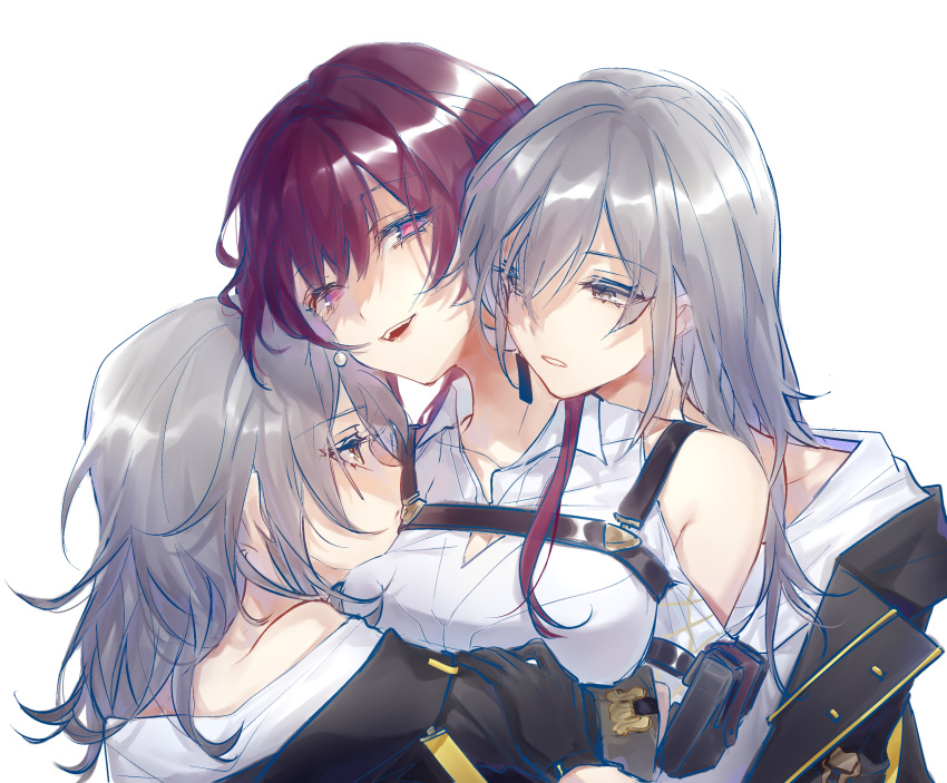 3girls arm_pouch black_gloves chinese_commentary clone clothing_cutout collared_shirt commentary_request dual_persona earrings eye_contact from_side girl_sandwich gloves grey_hair hand_on_another's_arm highres honkai:_star_rail honkai_(series) hug jewelry kafka_(honkai:_star_rail) looking_at_another medium_hair motuwangchuan multiple_girls open_mouth parted_lips pink_eyes pout purple_hair sandwiched shirt shoulder_cutout simple_background smile stelle_(honkai:_star_rail) trailblazer_(honkai:_star_rail) upper_body white_background white_shirt yellow_eyes yuri