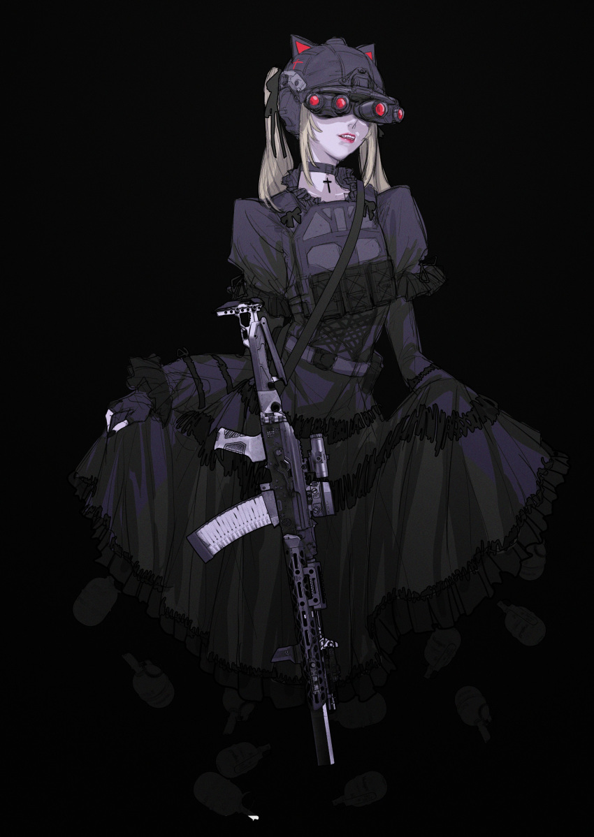 1girl absurdres animal_ears assault_rifle belt black_background black_choker black_dress black_gloves black_ribbon blonde_hair cat_ears choker commentary contrapposto cropped_legs cross dress english_commentary explosive fake_animal_ears fingerless_gloves frilled_dress frills full_body gloves gothic_lolita grenade gun hair_ribbon helmet highres juliet_sleeves lipstick lolita_fashion long_hair long_sleeves makeup night_vision_device optical_sight original parted_lips peinlike plate_carrier puffy_long_sleeves puffy_sleeves red_lips ribbon rifle sidelocks sight_magnifier sketch sling solo suppressor twintails weapon weapon_request