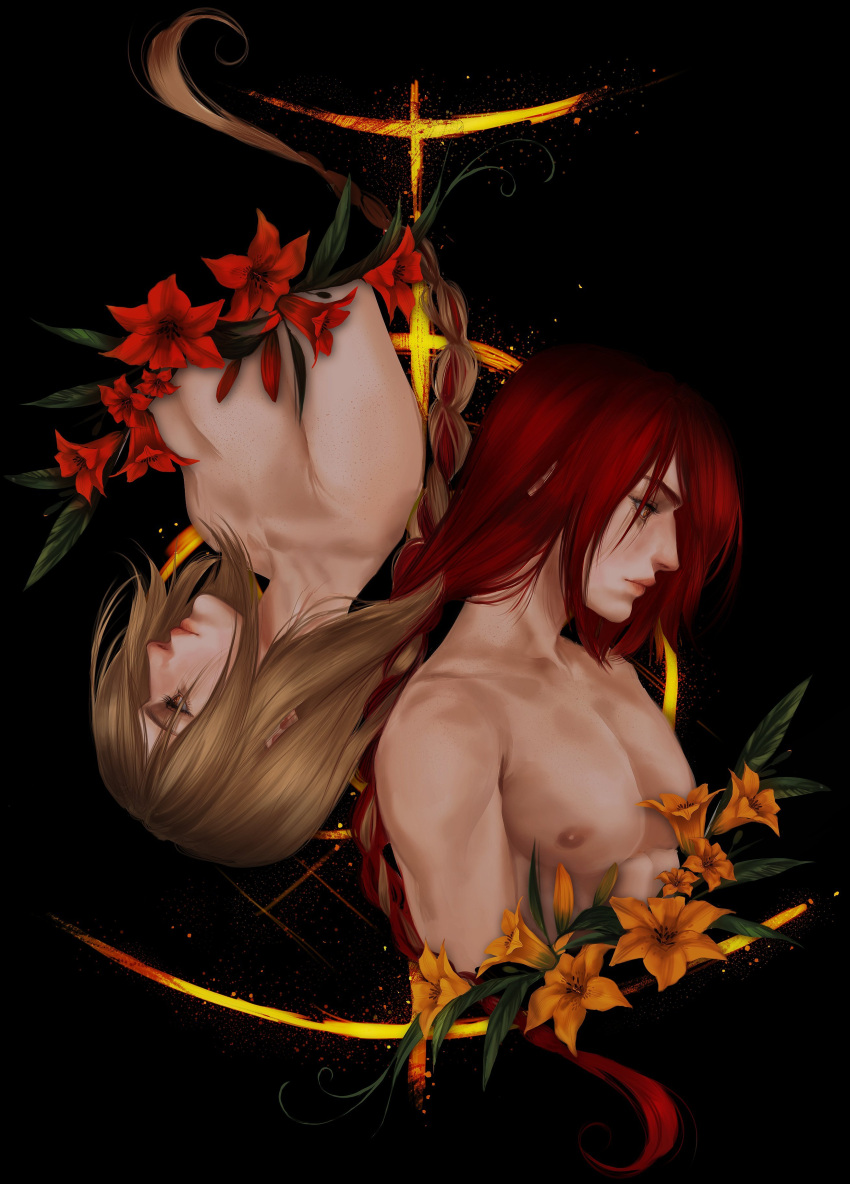 1boy 1girl absurdres back-to-back bare_arms bare_pectorals bare_shoulders black_background blonde_hair body_freckles braid breasts cleavage couple elden_ring elden_ring_(object) facing_away flower freckles from_side hair_over_eyes highres husband_and_wife intertwined_hair long_braid long_hair looking_to_the_side medium_breasts muscular muscular_male pectorals queen_marika_the_eternal radagon_of_the_golden_order raviollies red_flower red_hair rotational_symmetry single_braid symmetry topless_male very_long_hair yellow_eyes yellow_flower