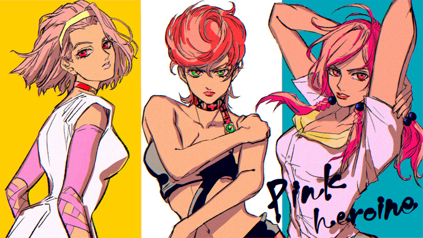 3girls arms_up bandeau bare_shoulders braid breasts cleavage collarbone diamond_wa_kudakenai dress english_text green_eyes hairband highres hirose_yasuho jojo_no_kimyou_na_bouken jojo_pose jojolion looking_at_viewer multicolored_background multiple_girls pink_hair red_eyes red_lips shirt short_hair sleeveless sleeveless_dress sugimoto_reimi taoyura trish_una upper_body vento_aureo white_dress white_shirt