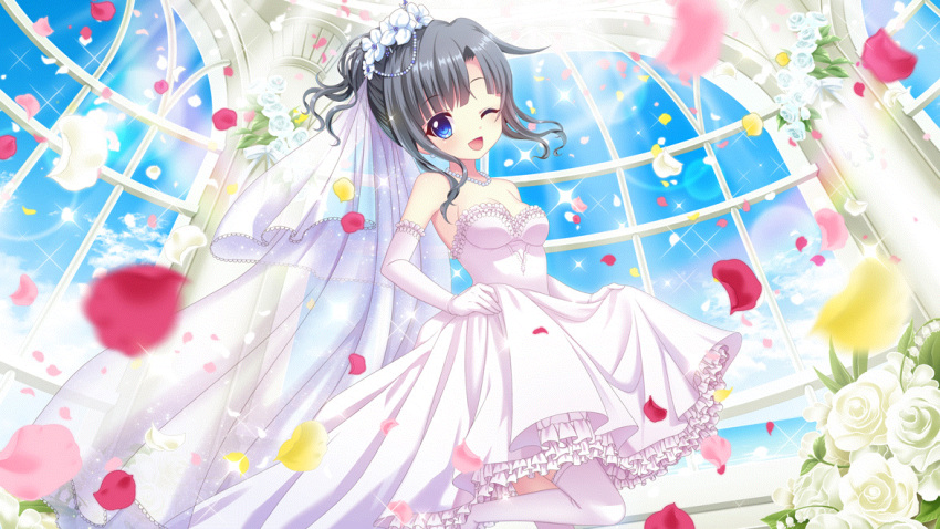 1girl bare_shoulders black_hair blue_eyes blue_sky breasts bridal_veil cleavage day dot_nose dress elbow_gloves film_grain flower from_below game_cg gloves hair_flower hair_ornament holding holding_clothes holding_skirt itsumura_yukari izumi_tsubasu jewelry lens_flare medium_breasts medium_hair necklace non-web_source official_art one_eye_closed open_mouth pearl_necklace petals re:stage! rose rose_petals skirt sky smile solo sparkle standing standing_on_one_leg strapless strapless_dress thighhighs veil wedding_dress white_dress white_flower white_gloves white_rose white_thighhighs white_trim window zettai_ryouiki