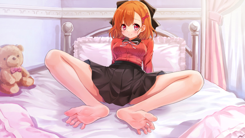 1girl arm_support arms_behind_back barefoot bed bed_sheet black_bow black_skirt bow breasts commission feet full_body greek_toe hair_between_eyes hair_bow hair_ornament highres honshiro_nikori impossible_clothes indoors large_breasts leaning_back legs long_sleeves medium_hair miniskirt neck_ribbon orange_hair original parted_bangs pleated_skirt red_eyes red_shirt ribbon shadow shirt sidelocks sitting skeb_commission skirt soles solo spread_legs spread_toes stuffed_animal stuffed_toy teddy_bear thighs toes white_ribbon x_hair_ornament