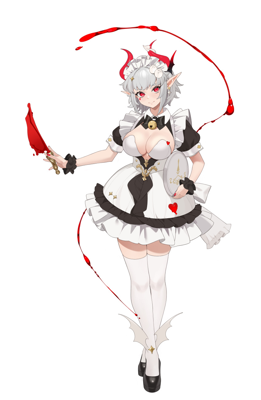 1girl absurdres bell black_bow black_dress black_footwear blood bow breasts cleavage closed_mouth crossed_legs dress frilled_dress frills full_body grey_hair hemokinesis highres holding holding_tray horns jingle_bell large_breasts neck_bell original pointy_ears puffy_short_sleeves puffy_sleeves red_eyes shoes short_sleeves simple_background smile solo thighhighs tray watson_cross white_background white_thighhighs wrist_cuffs younideyifengxin