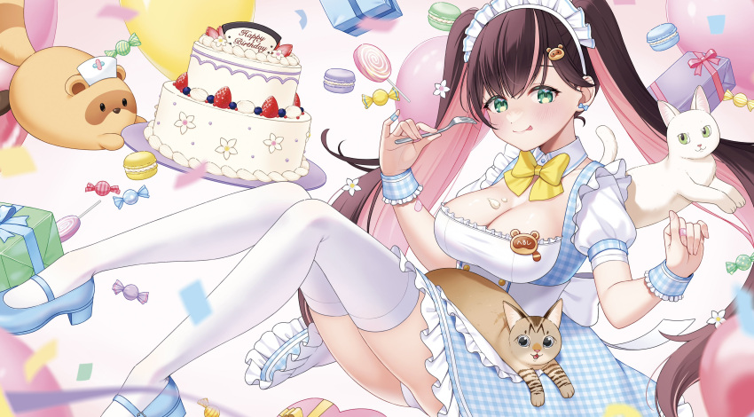 1girl absurdres birthday birthday_cake breasts brown_hair cake cat cleavage cream_on_breasts food green_eyes hair_ornament hanamori_healthy highres indie_virtual_youtuber large_breasts long_hair looking_at_viewer melty+ panties raccoon raccoon_hair_ornament smile solo sweets thighhighs thighs tomozu twintails underwear virtual_youtuber white_cat