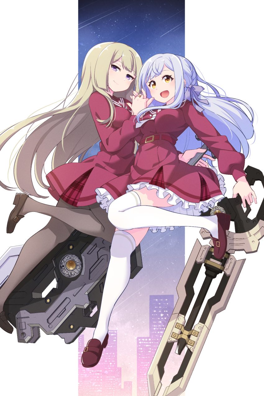 2girls :d assault_lily belt belt_buckle blonde_hair blunt_bangs braid breasts brown_footwear brown_pantyhose brown_sailor_collar buckle building city closed_mouth floating_hair frilled_skirt frills grey_hair hair_ribbon hand_up high-waist_skirt highres holding holding_hands holding_weapon interlocked_fingers jewelry kanba_girls_high_school_uniform kon_kanaho leg_up loafers long_hair long_sleeves looking_at_viewer medium_breasts miniskirt miyagawa_takane morugen multiple_girls necktie night outdoors outside_border pantyhose pillarboxed plaid plaid_skirt purple_eyes purple_ribbon red_belt red_shirt red_skirt ribbon ring sailor_collar school_uniform serafuku shirt shoes short_necktie side_braid sidelocks skirt smile standing standing_on_one_leg star_(sky) thighhighs very_long_hair wavy_hair weapon white_necktie white_thighhighs yellow_eyes zettai_ryouiki