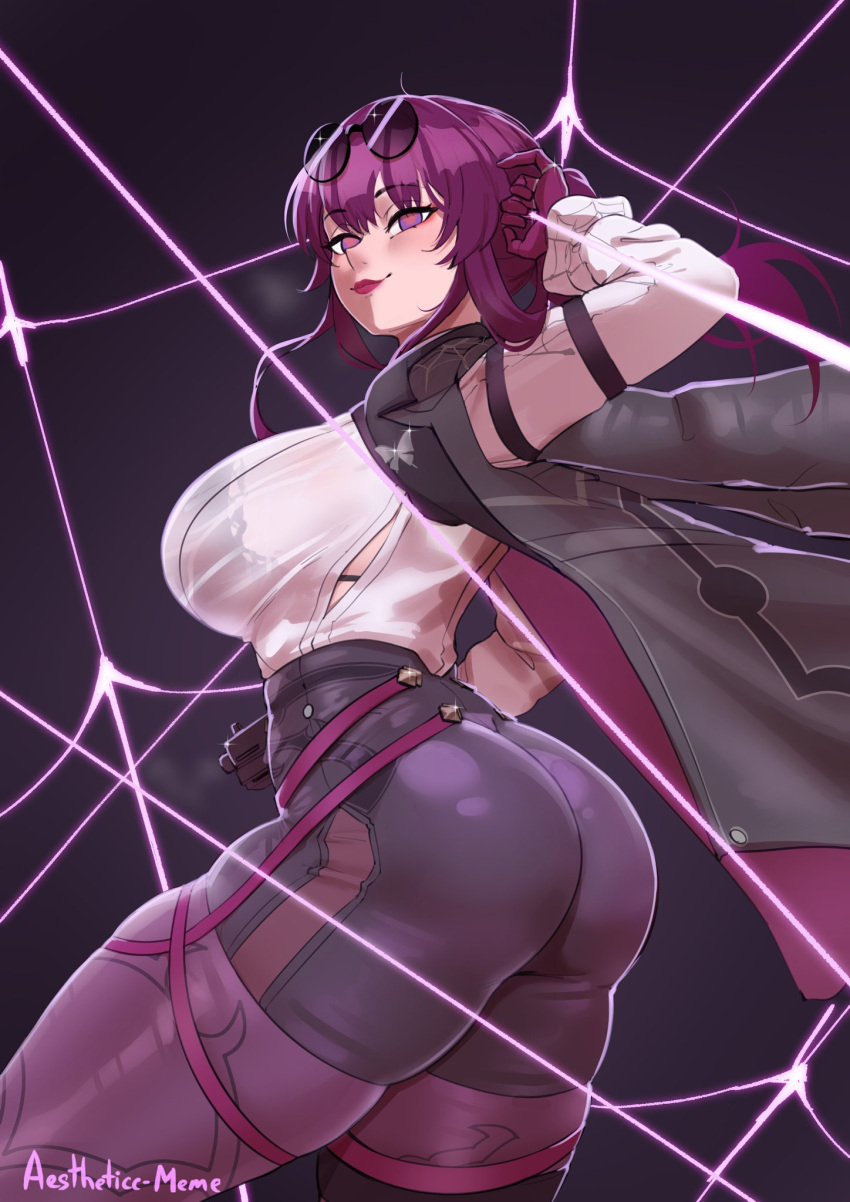 1girl aestheticc-meme ass black_bra black_jacket black_shorts blush boots bra breasts butterfly_ornament eyewear_on_head gloves gun high-waist_shorts highres honkai:_star_rail honkai_(series) jacket kafka_(honkai:_star_rail) large_breasts long_hair pantyhose pantyhose_under_shorts purple-tinted_eyewear purple_eyes purple_gloves purple_hair purple_pantyhose round_eyewear see-through see-through_shirt shirt shorts single_thigh_boot smile solo submachine_gun sunglasses thigh_boots thread tinted_eyewear underwear weapon white_shirt