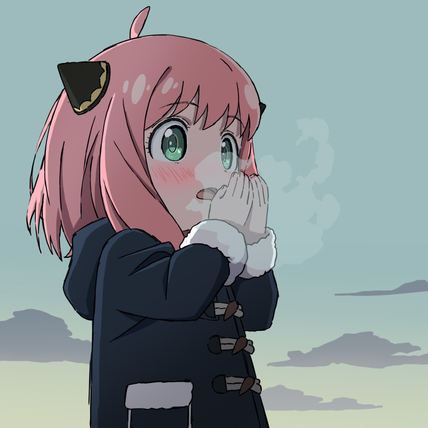 1girl anya_(spy_x_family) black_coat blush child coat cone_hair_bun duffel_coat from_side fur-trimmed_coat fur_trim green_eyes hair_bun highres long_sleeves mugi0913 open_mouth pink_hair solo spy_x_family