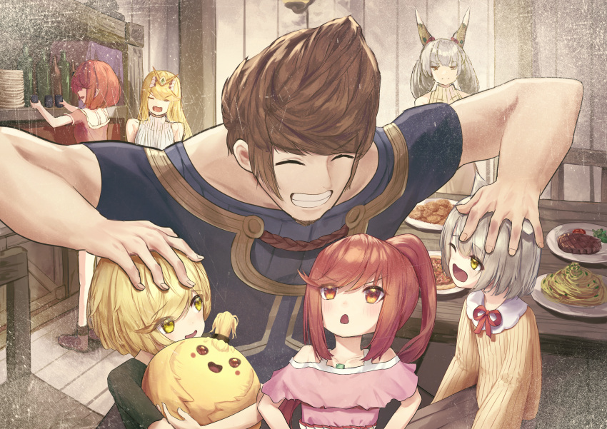 absurdres animal_ears blonde_hair brown_hair cat_ears ear_covers facial_hair family food glimmer_(xenoblade) goatee grey_hair hand_on_another's_head highres husband_and_wives mio_(xenoblade) mythra_(xenoblade) nia_(blade)_(xenoblade) nia_(xenoblade) nopon pyra_(xenoblade) red_hair rex_(xenoblade) solar_torch table tiara xenoblade_chronicles_(series) xenoblade_chronicles_2 xenoblade_chronicles_3 xenoblade_chronicles_3:_future_redeemed