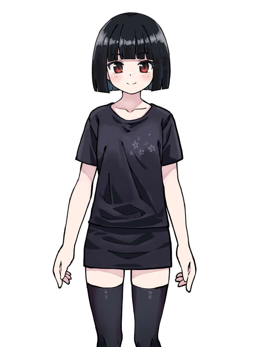 1girl akemiho_tabi_nikki black_hair black_shirt black_skirt black_thighhighs blush bob_cut closed_mouth collarbone feet_out_of_frame fukube_tamaki gendai_ninjakko_zukan highres kouno_hikaru looking_at_viewer red_eyes shirt short_hair short_sleeves simple_background skirt smile solo standing thighhighs white_background