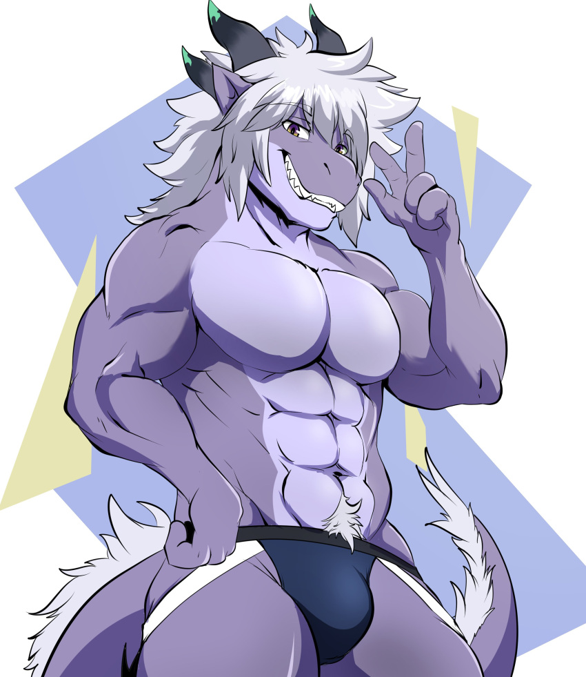 abs absurd_res anthro bottomwear clothed clothing dragon hi_res jockstrap lofnirv looking_at_viewer male muscular muscular_anthro muscular_male pecs pubes simple_background smile solo tail teeth underwear underwear_only