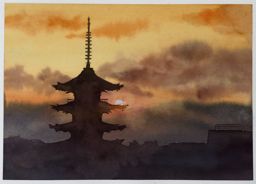 architecture building cloud cloudy_sky day east_asian_architecture highres orange_sky original pagoda painting_(medium) sky sunlight sunset tlctm7h8wdwnthx traditional_media watercolor_(medium)