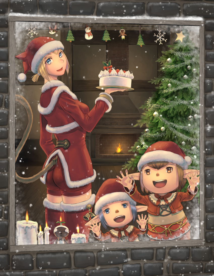 1boy 2girls :d against_glass ass avatar_(ff11) bell blonde_hair blue_eyes blue_hair breasts brown_hair brown_tail cactus41747280 cait_sith_(ff11) cake candle cat_girl cat_tail christmas christmas_ornaments christmas_tree final_fantasy final_fantasy_xi fire fireplace food fur-trimmed_headwear fur-trimmed_thighhighs hand_up hat highres holding holding_saucer light_blue_hair long_sleeves looking_at_viewer mandragora_(final_fantasy) medium_breasts mithra_(ff11) multiple_girls no_eyebrows open_mouth orange_eyes pointy_ears red_headwear red_shorts red_thighhighs santa_costume santa_hat saucer short_hair shorts smile snow snowman standing star_(symbol) tail tail_through_clothes tarutaru teeth thighhighs upper_teeth_only window zettai_ryouiki