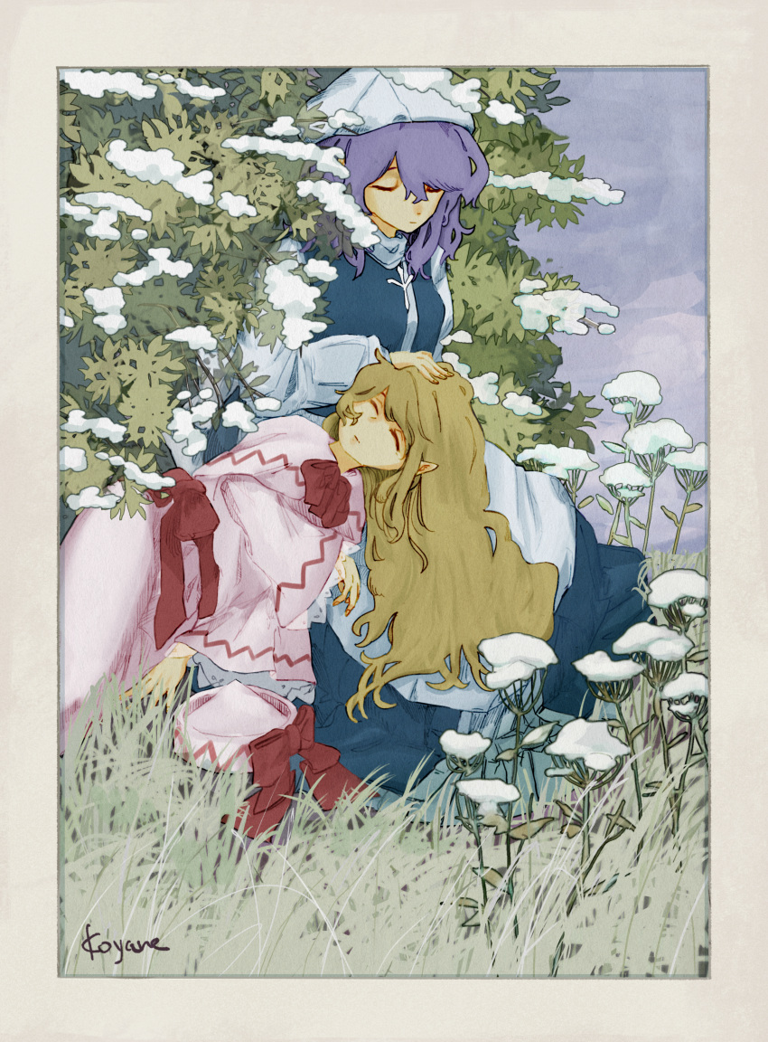 2girls absurdres art_nouveau blue_sky border bush closed_eyes flower grass hat hat_removed headwear_removed highres koyane_(silver81106) leaf letty_whiterock lily_white long_hair lying_on_person medium_hair multiple_girls plant signature sky tall_grass touhou weeds white_border white_flower white_headwear