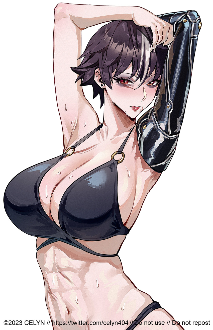1girl armpits arms_up bags_under_eyes bare_shoulders bikini black_bikini black_hair breasts celyn404 character_request cleavage commentary commission copyright_request highres large_breasts looking_at_viewer navel o-ring o-ring_bikini red_eyes short_hair simple_background solo stomach sweat swimsuit upper_body white_background