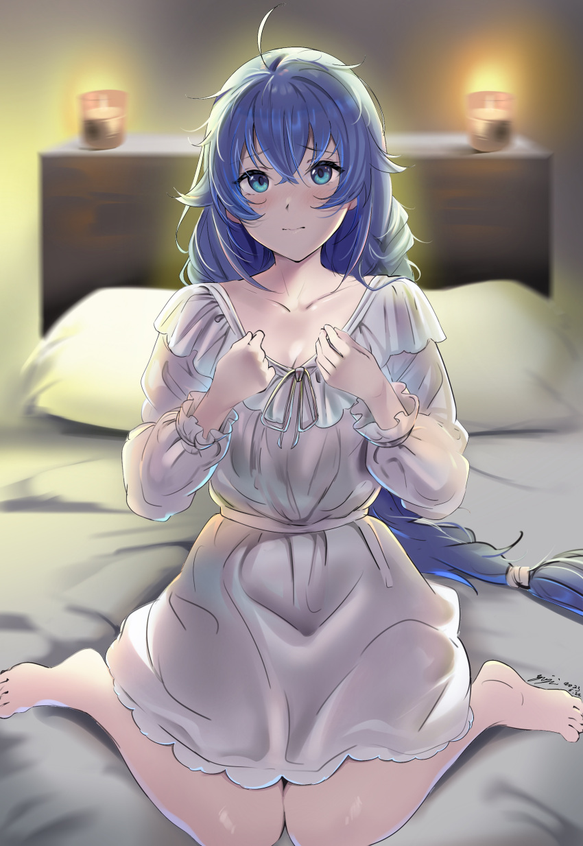 1girl absurdres ahoge barefoot blue_eyes blue_hair blurry blurry_background braid closed_mouth collarbone commentary_request dated hair_between_eyes highres indoors light_blush long_braid long_sleeves looking_at_viewer mushoku_tensei nightgown on_bed partial_commentary roxy_migurdia signature sitting solo toes twin_braids wariza white_nightgown yujin_(kanouyuuto-0423)