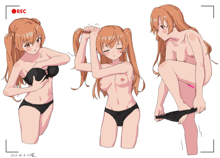 1girl absurdres adjusting_hair black_bra black_panties blush bra breasts brown_eyes brown_hair censored closed_eyes closed_mouth crossed_legs dated female_pubic_hair hachiyou_(hatiyo) highres johnston_(kancolle) kantai_collection leg_up long_hair medium_breasts multiple_views nipples panties pubic_hair recording simple_background strapless strapless_bra two_side_up underwear underwear_only white_background