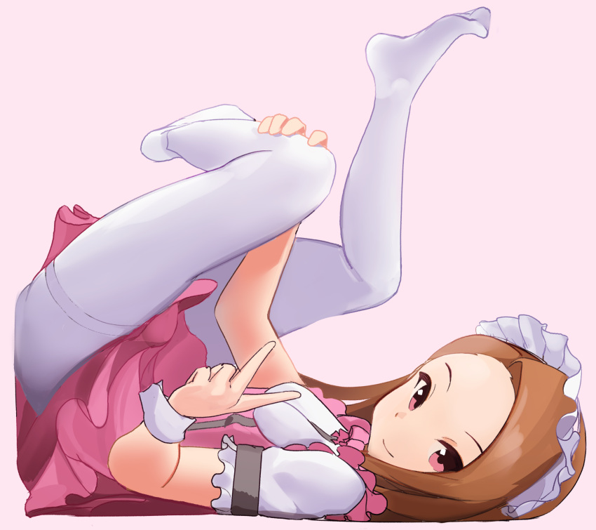 1girl bow bowtie breasts brown_eyes brown_hair ch2haya_p closed_mouth dot_nose dress feet frilled_dress frills from_side full_body highres holding_own_leg idolmaster idolmaster_(classic) idolmaster_million_live! idolmaster_million_live!_theater_days legs_up long_hair looking_at_viewer lying minase_iori on_back pantyhose pink_background pink_bow pink_bowtie pink_corset pink_dress pretty_waitress_(idolmaster) puffy_short_sleeves puffy_sleeves short_sleeves simple_background small_breasts smile solo toes underbust v white_headdress white_pantyhose white_wrist_cuffs