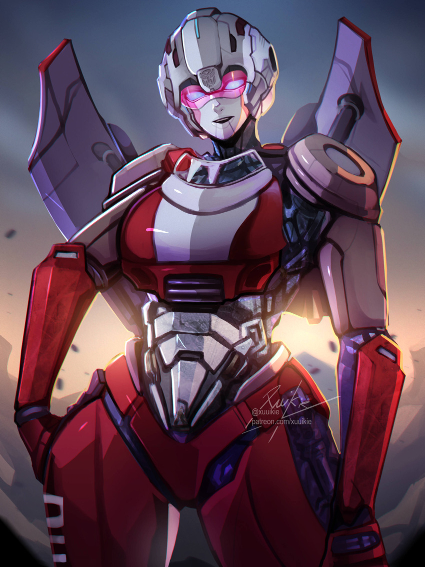 1girl absurdres android arcee artist_name autobot cowboy_shot goggles gradient_background highres joints looking_at_viewer mecha robot robot_joints science_fiction smile solo standing transformers transformers:_rise_of_the_beasts transformers_(live_action) twitter_username white_eyes xuuikie_ashe