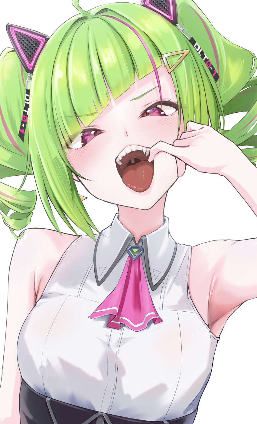 1girl absurdres animal_ears arm_at_side armpits ascot bare_shoulders blush breasts cat_ear_hairband delutaya diagonal_bangs drill_hair e-wing_(ewingillustrate) fake_animal_ears fang finger_in_own_mouth green_hair hair_ornament hand_up highres indie_virtual_youtuber long_hair looking_at_viewer medium_breasts mouth_pull multicolored_hair open_mouth pink_ascot pink_eyes pink_hair shirt simple_background sleeveless sleeveless_shirt smile solo streaked_hair teeth tongue tongue_out twin_drills twintails upper_body upper_teeth_only uvula virtual_youtuber white_background white_shirt