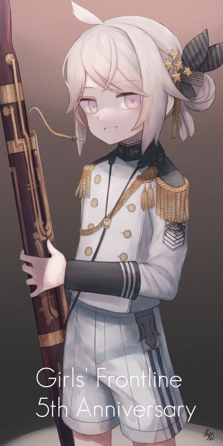 absurdres ahoge bassoon formal girls'_frontline hair_bun hair_ornament happy highres holding holding_instrument instrument m200_(girls'_frontline) m200_(solemn_march)_(girls'_frontline) official_alternate_costume origumi sleeve_cuffs smile