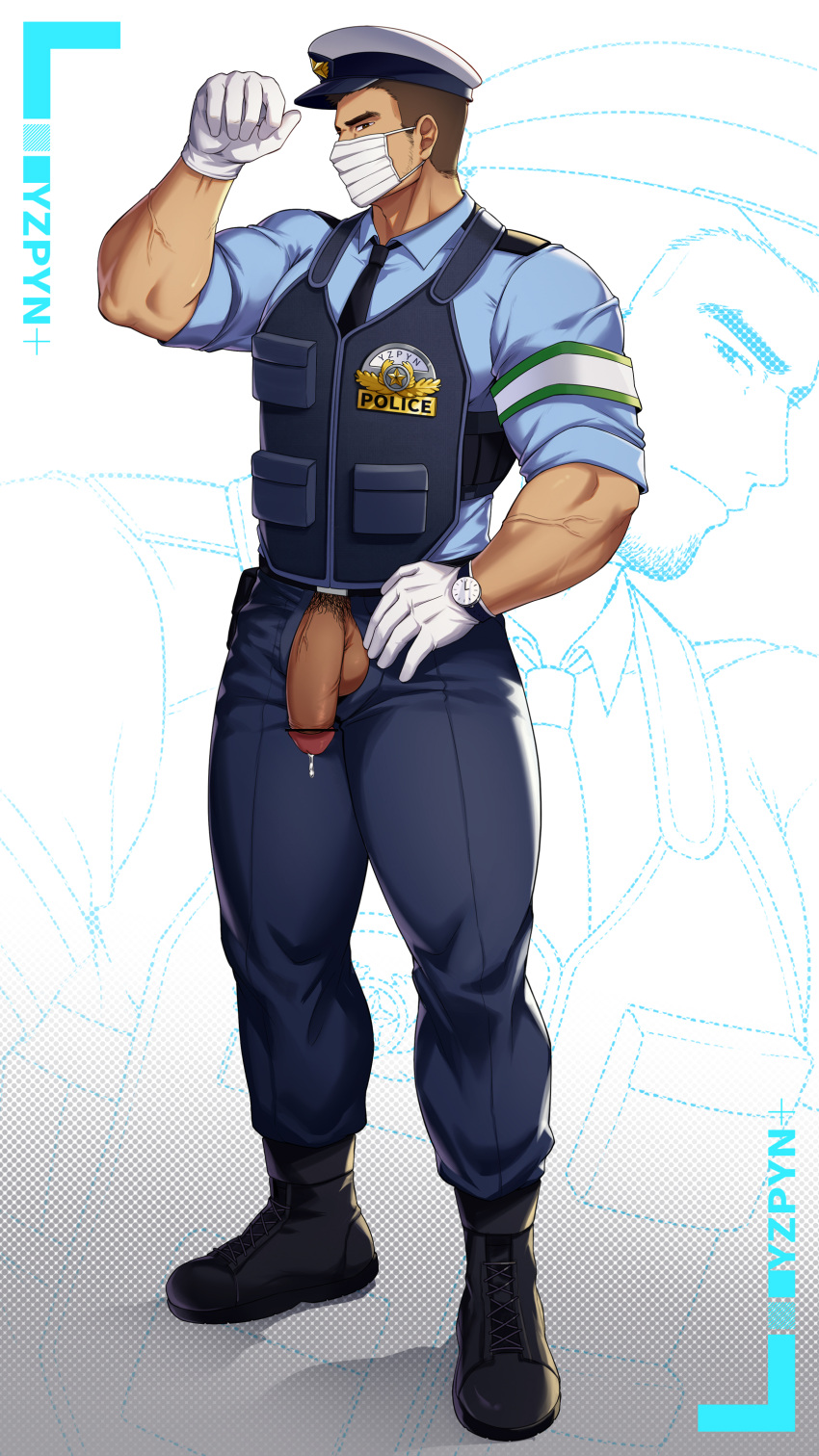 1boy absurdres armband artist_name bara biceps brown_hair bulletproof_vest gloves hand_on_hip highres looking_at_viewer male_focus manly mask mature_male mouth_mask muscular muscular_male original pants penis police police_uniform precum pubic_hair shoes short_hair signature simple_background solo testicles thick_thighs thighs uniform watch white_background yzpyn