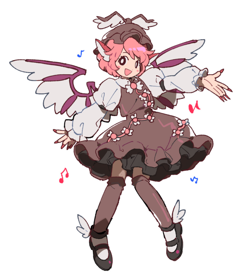 1girl animal_ears beamed_eighth_notes bird_ears bird_wings black_footwear blush_stickers brown_dress brown_eyes brown_headwear brown_thighhighs dress eighth_note fingernails frilled_dress frilled_sleeves frills full_body hat highres jeto_(jetopyon) long_fingernails long_sleeves musical_note mystia_lorelei nail_polish open_mouth pink_hair red_nails sharp_fingernails shoes short_hair simple_background sleeve_garter smile solo thighhighs touhou white_background white_wings winged_footwear winged_hat wings