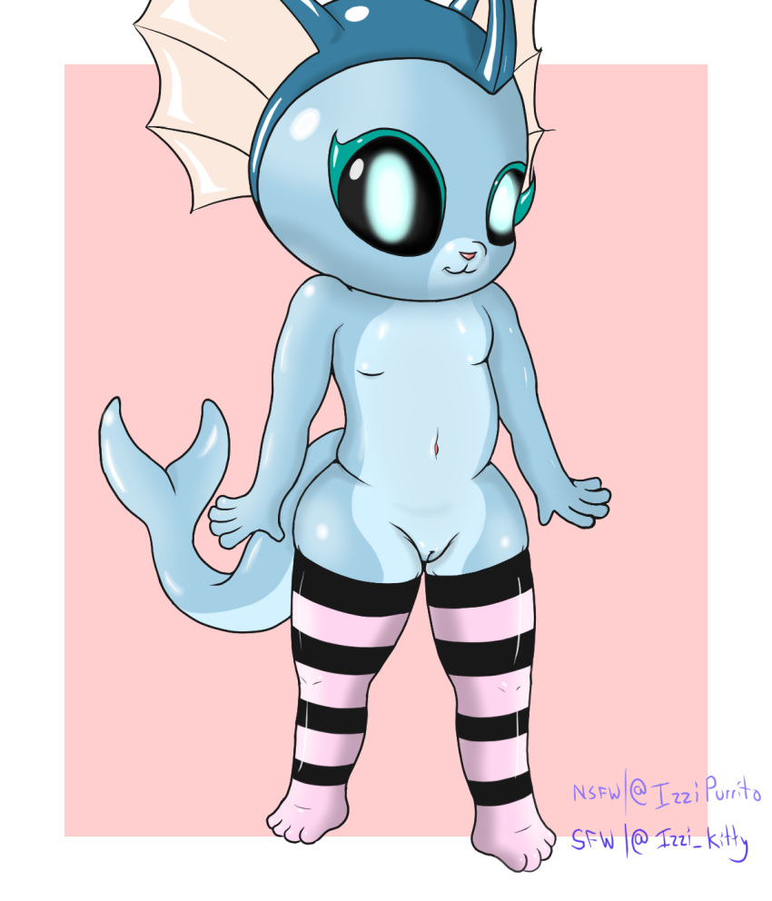 anthro black_sclera blue_body clothing eeveelution female generation_1_pokemon genitals glowing glowing_eyes hi_res humanoid izzipurrito legwear legwear_only light_underbelly mostly_nude navel nintendo pokemon pokemon_(species) pussy solo stockings stockings_only tagme vaporeon young