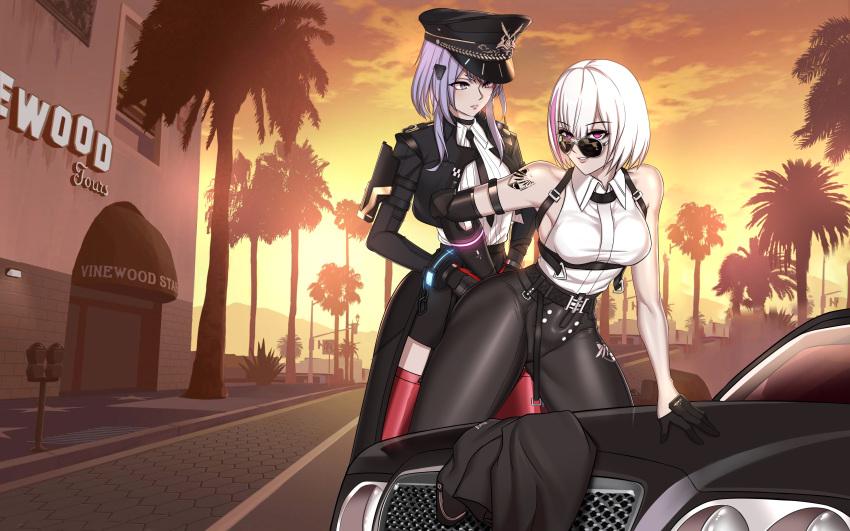 2girls absurdres agave alisa:_echo_(punishing:_gray_raven) alisa_(punishing:_gray_raven) alternate_costume armpit_crease arrest aviator_sunglasses bare_shoulders belt black_jacket black_leggings black_necktie black_pants black_skirt boots breasts building car center-flap_bangs chain chest_harness chinese_commentary cloud collared_shirt commentary cropped_jacket cuffs gloves grand_theft_auto grand_theft_auto_v hair_ornament half_gloves harness hat headlight highres insignia jacket joints lamppost leaning leaning_forward leggings liv_(punishing:_gray_raven) looking_at_viewer lzypoipoi mechanical_arms medium_breasts motor_vehicle mountainous_horizon multicolored_hair multiple_girls necktie no_u-turn_sign official_alternate_costume on_vehicle orange_sky out_of_character outdoors palm_leaf palm_tree pants parking_meter parody pavement pink_eyes pink_hair police police_hat police_uniform policewoman punishing:_gray_raven purple_eyes purple_hair radio_antenna red_footwear ringed_eyes road road_sign robot_joints shirt short_hair short_sleeved_jacket shoulder_boards shoulder_tattoo sign single_mechanical_arm skin_tight skirt sky sleeveless sleeveless_shirt streaked_hair sunglasses sunset tattoo thigh_boots tree uniform upper_body walkie-talkie white_hair white_shirt windshield