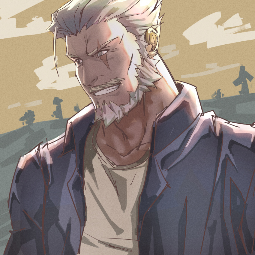 1boy beard facial_hair grin highres jacket looking_ahead male_focus mature_male old old_man open_clothes open_jacket overwatch overwatch_1 qingwaoo_liao reinhardt_(overwatch) scar scar_across_eye scar_on_face short_hair smile solo thick_eyebrows thick_mustache upper_body white_hair