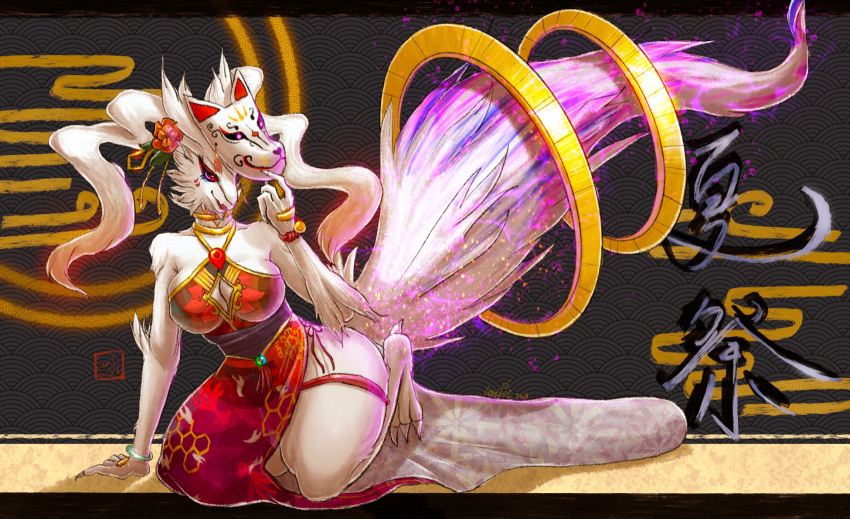 animal_mask asian_clothing big_breasts big_butt breasts butt chinese_clothing chinese_dress cleavage clothed clothing dragon dress east_asian_clothing female festival fox_mask fur generation_5_pokemon golden hi_res legendary_pokemon lent_si mask mature_female mother_(lore) nintendo parent_(lore) pokemon pokemon_(species) red_clothing red_eyes reshiram sexy_eyes shiny_pokemon summer tail teeth white_body white_fur