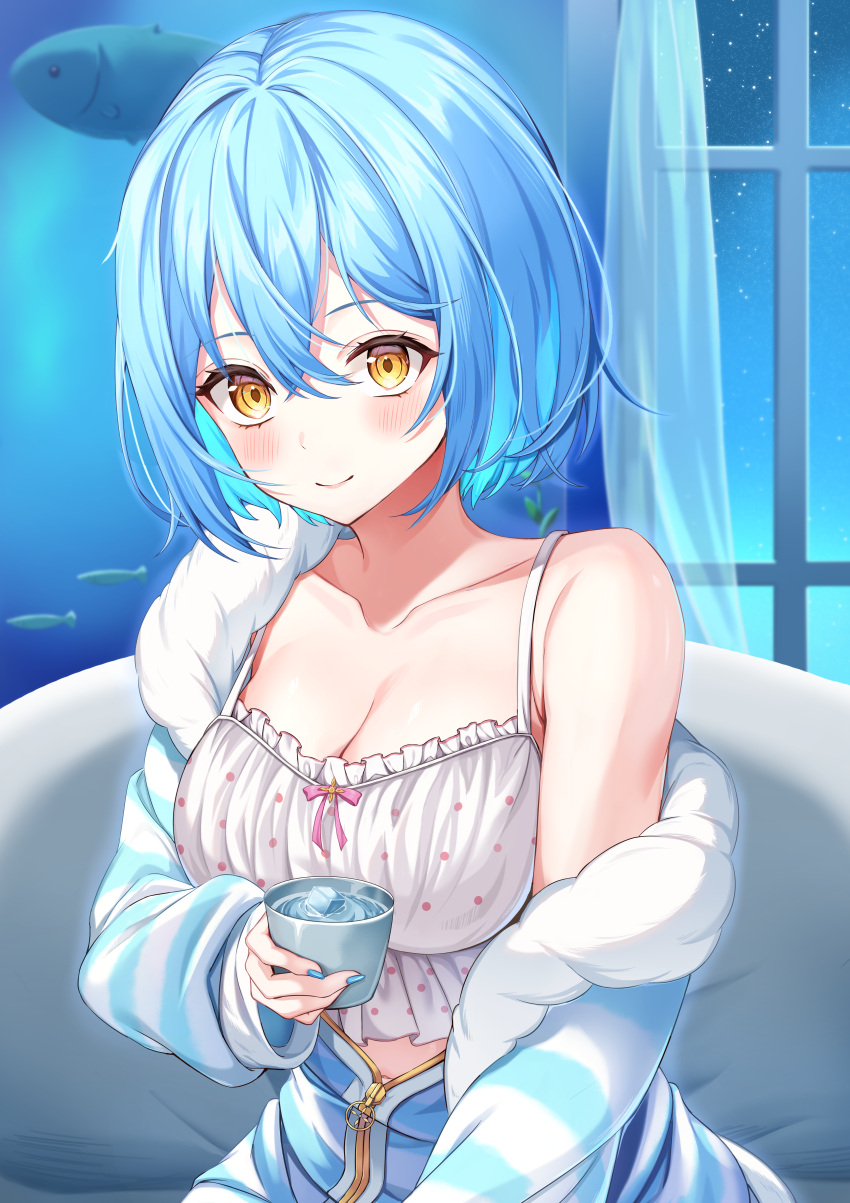 1girl absurdres bare_shoulders blue_hair blue_nails blush breasts camisole cleavage closed_mouth collarbone commentary fish frilled_camisole frills fur-trimmed_jacket fur_trim hair_between_eyes highres hololive indoors jacket looking_at_viewer minase03mio night off-shoulder_jacket off_shoulder official_alternate_costume official_alternate_hair_length official_alternate_hairstyle partially_unzipped polka_dot_camisole short_hair smile solo virtual_youtuber yellow_eyes yukihana_lamy yukihana_lamy_(4th_costume)