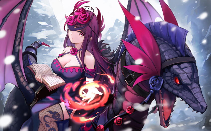 1girl bare_shoulders book breasts cleavage commentary_request dragon dress feet_out_of_frame fire fire_emblem fire_emblem_engage fishnet_thighhighs fishnets highres holding holding_book ivy_(fire_emblem) large_breasts long_hair looking_at_viewer purple_dress purple_eyes purple_hair sitting solo thighhighs tuna_picture very_long_hair wyvern