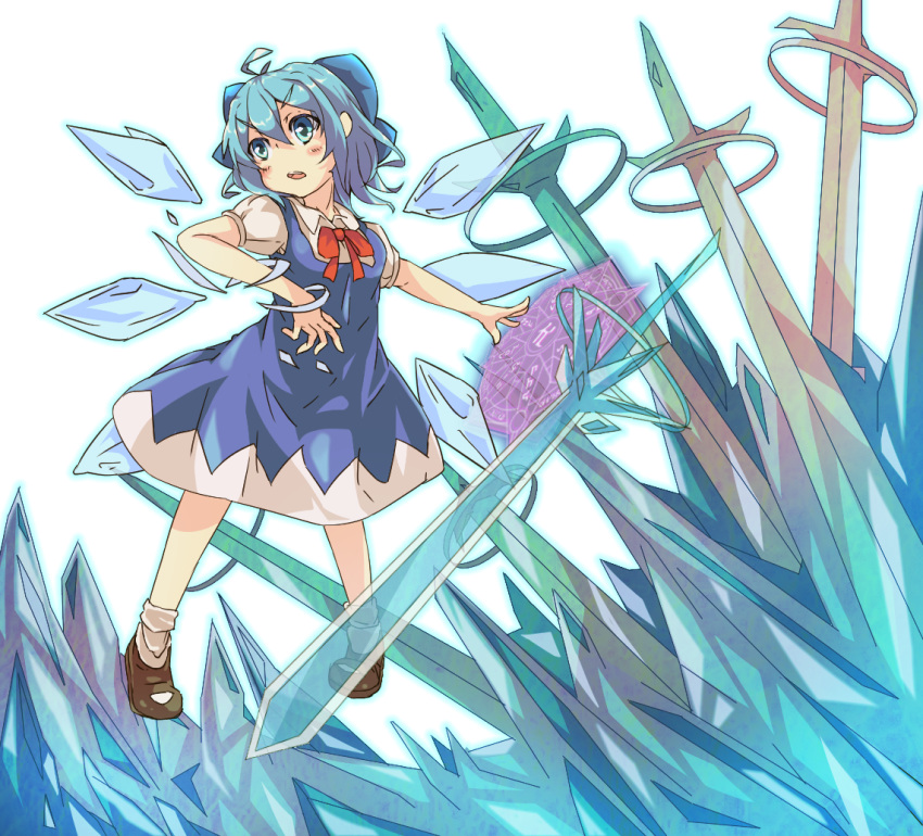 1girl aqua_eyes blue_bow blue_dress blue_hair blush bow brown_hair cirno clip_studio_paint_(medium) crystal crystal_sword dress embodiment_of_scarlet_devil fairy ice ice_wings magic magic_circle open_mouth red_ribbon ribbon shirt short_hair socks solo spell_card sword touhou weapon white_background white_shirt white_socks wings woruta_(soloistlist)