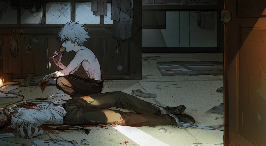 2boys absurdres black_eyes blood blood_on_clothes blood_on_hands death door eating food grey_hair highres holding holding_food hunter_x_hunter indoors kiko killua_zoldyck light male_focus multiple_boys on_floor out_of_frame pants shirt squatting toned toned_male topless_male white_shirt